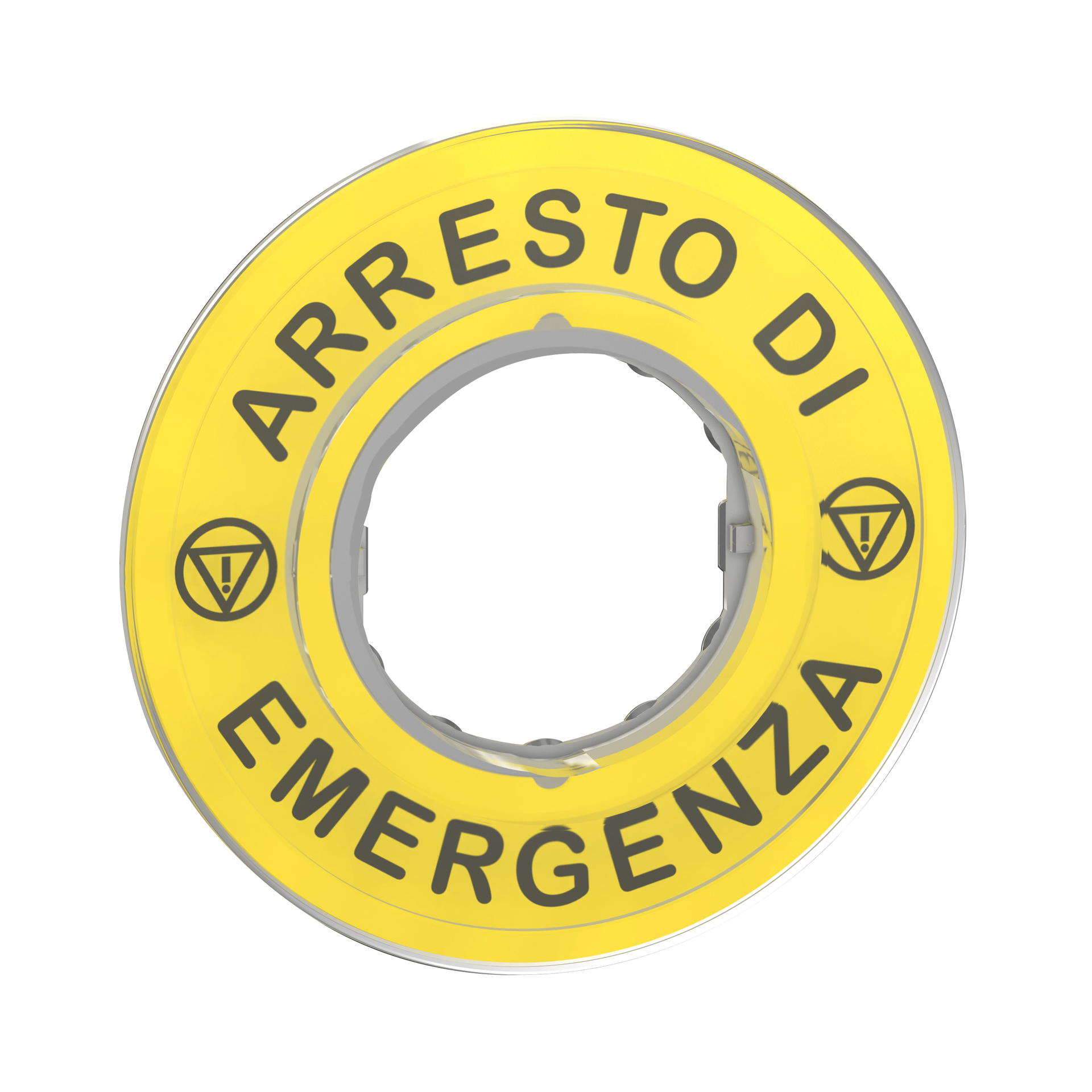 Etichetta circolare Ø60 - Harmony XB4, XB5 per pulsante arresto emergenza - gialla - plastica, con marcatura ARRESTO DI EMERGENZA con logo ISO13850