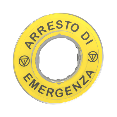 Etichetta circolare Ø60 - Harmony XB4, XB5 per pulsante arresto emergenza - gialla - plastica, con marcatura ARRESTO DI EMERGENZA con logo ISO13850