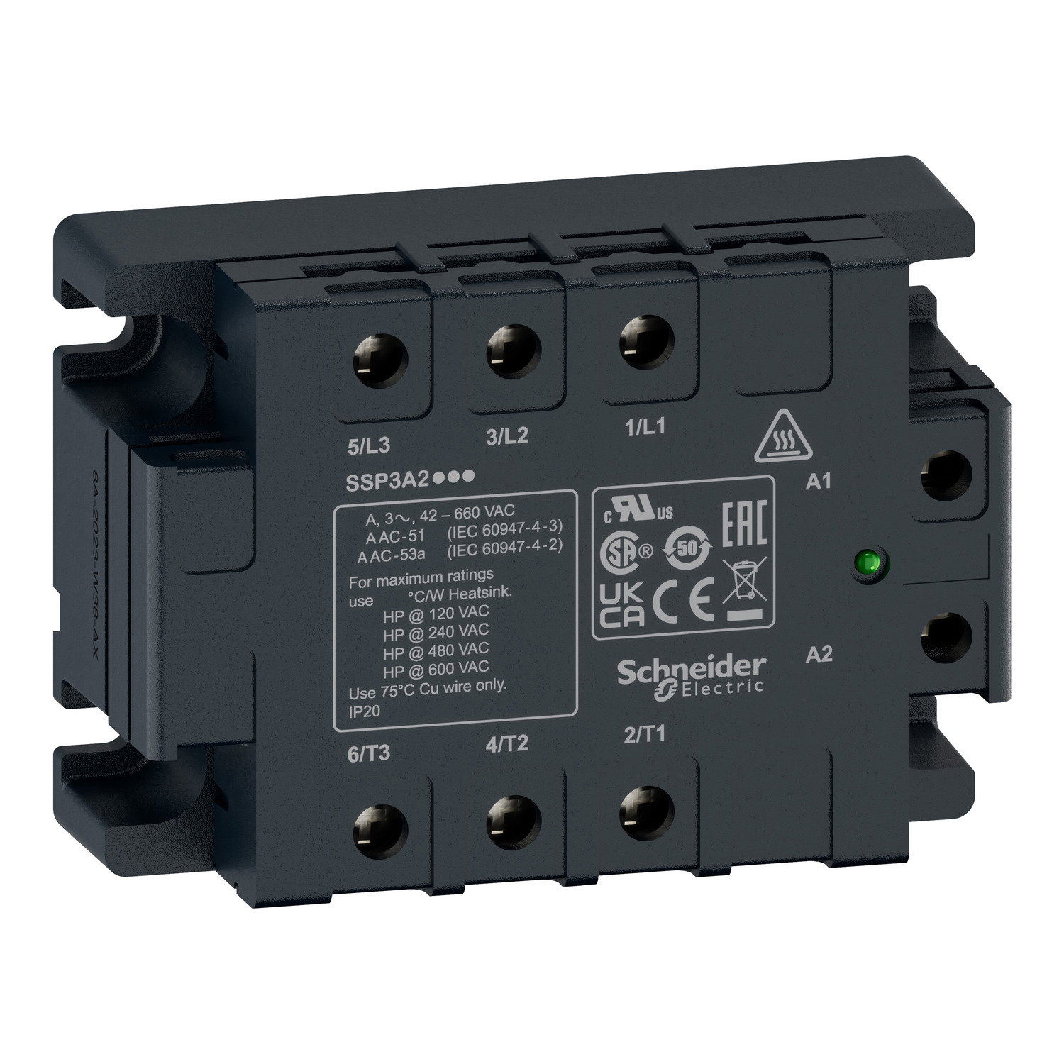 Relè statico trifase Harmony,50 A,montaggio a pannello,commutazione zero tensione,interfaccia termica,ingresso da 4 a 32 VDC, uscita da 42 a 660 VAC – Immagine 3 di 4