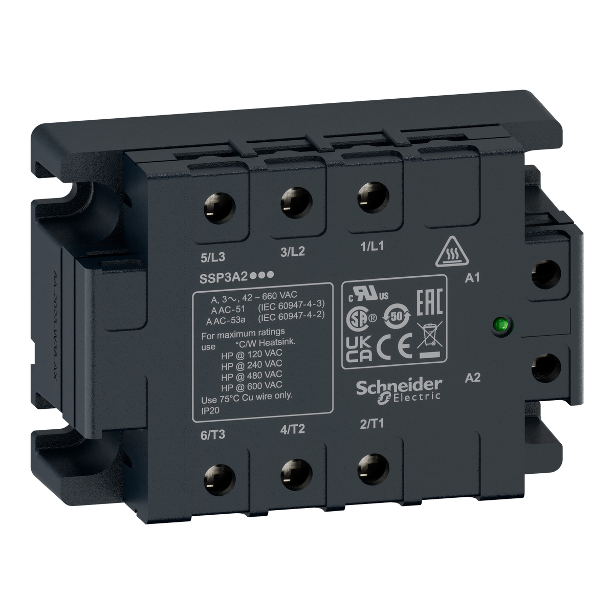 Relè statico trifase Harmony,50 A,montaggio a pannello,commutazione zero tensione,interfaccia termica,ingresso da 4 a 32 VDC, uscita da 42 a 660 VAC