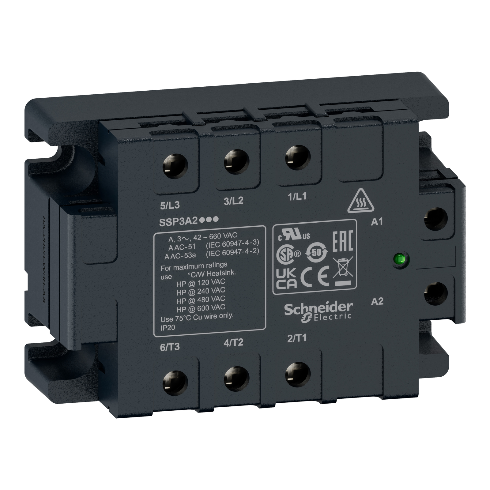 Relè statico trifase Harmony,50 A,montaggio a pannello,commutazione zero tensione,interfaccia termica,ingresso da 4 a 32 VDC, uscita da 42 a 660 VAC