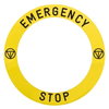 Etichetta adesiva gialla EMERGENCY STOP e logo diam.90mm Harmony XB4, Harmony XB5 specifica per fungo emergenza luminoso