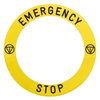 Etichetta adesiva gialla EMERGENCY STOP e logo diam.90mm Harmony XB4, Harmony XB5 specifica per fungo emergenza luminoso