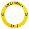 Etichetta adesiva gialla EMERGENCY STOP e logo diam.90mm Harmony XB4, Harmony XB5 specifica per fungo emergenza luminoso
