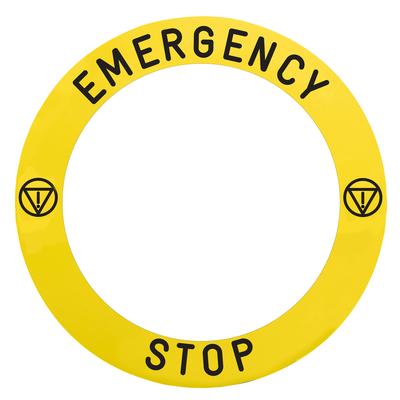 Etichetta adesiva gialla EMERGENCY STOP e logo diam.90mm Harmony XB4, Harmony XB5 specifica per fungo emergenza luminoso