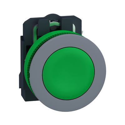 Pulsante verde filopannello 1NO ghiera grigia - Ø30