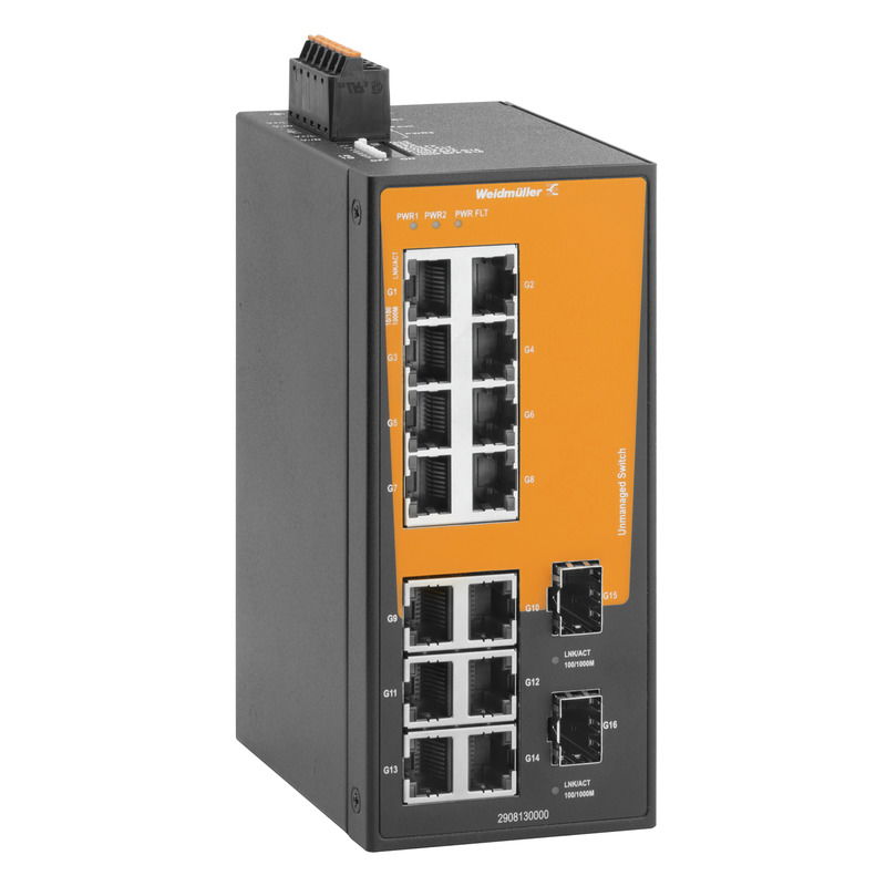 Switch rete, unmanaged, Gigabit Ethernet, 14x RJ45, 2x 100/1000BaseSFP Slot, -40 °C...75 °C, IP30