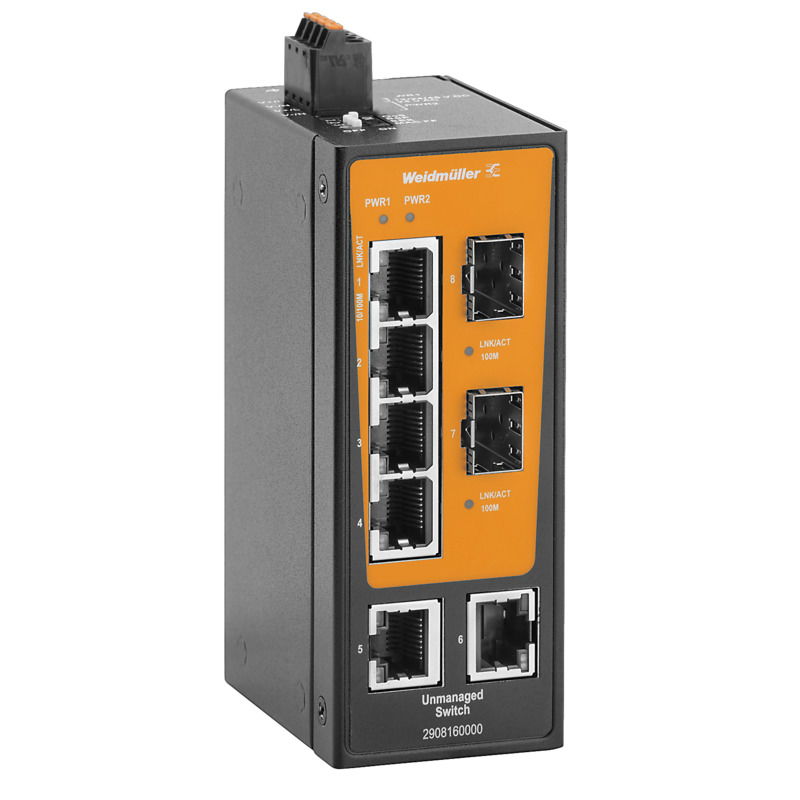 Switch rete, unmanaged, Fast Ethernet, 6x RJ45, 2x 100BaseSFP slot, -40 °C...75 °C, IP30
