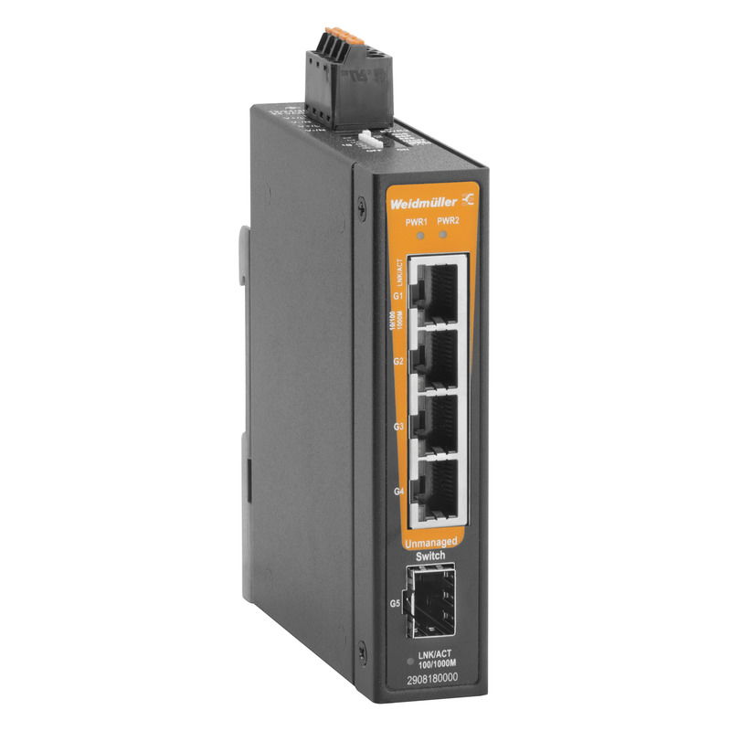 Switch rete, unmanaged, Gigabit Ethernet, 4x RJ45, 1x 100/1000BaseSFP Slot, -40 °C...75 °C, IP30