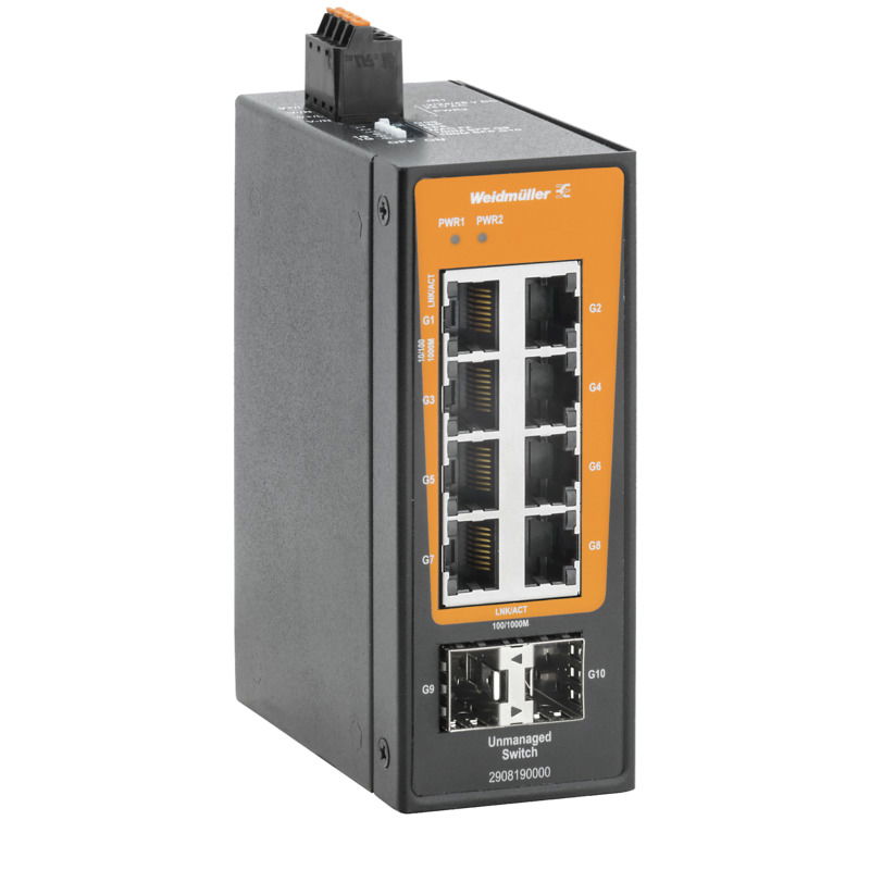 Switch rete, unmanaged, Gigabit Ethernet, 8x RJ45, 2x 100/1000BaseSFP Slot, -40 °C...75 °C, IP30