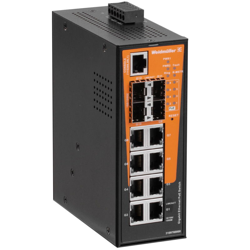 Switch rete, managed PoE, Gigabit Ethernet, 8x RJ45 10/100/1000 BaseT(X) PoE+, 4x 100/1000BaseSFP Slot, -40 °C...75 °C, IP30