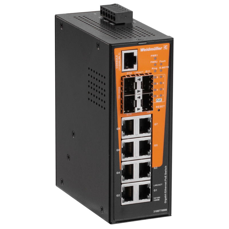 Switch rete, managed PoE, Gigabit Ethernet, 8x RJ45 10/100/1000 BaseT(X) PoE+, 4x 100/1000BaseSFP Slot, -40 °C...75 °C, IP30