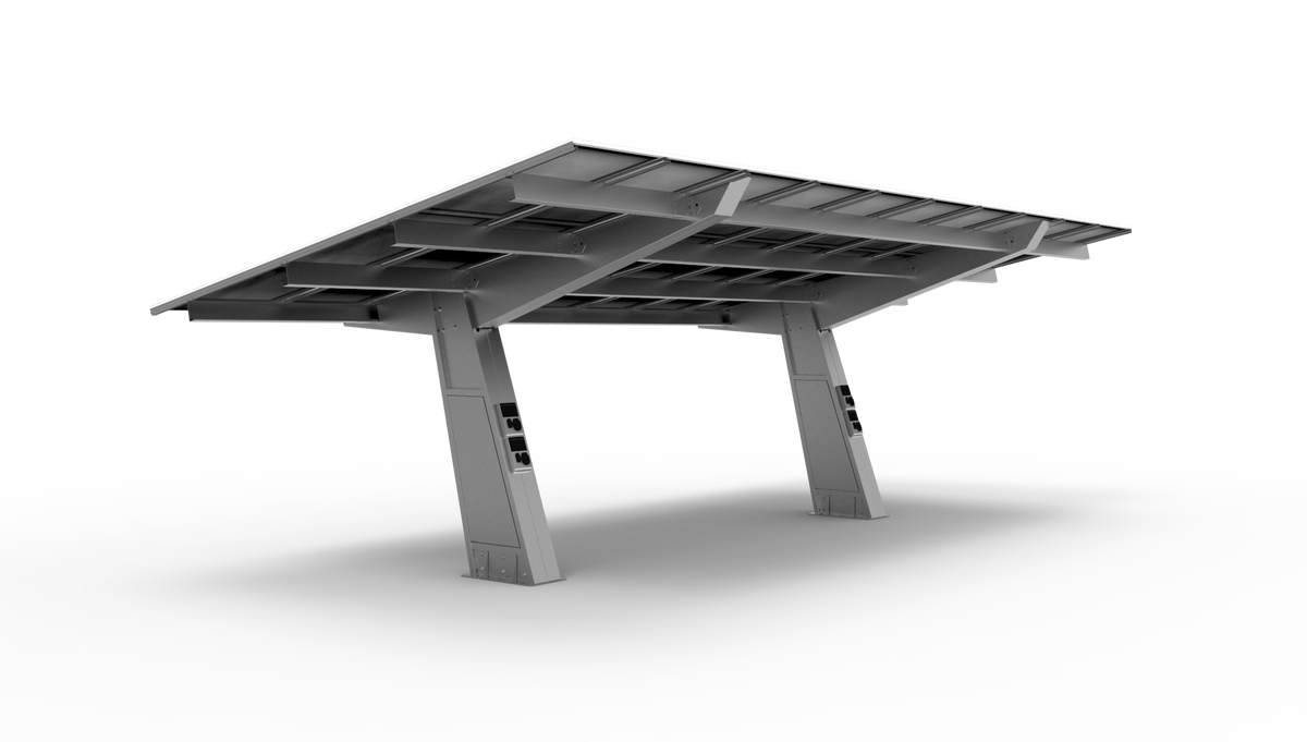 Dossel fotovoltaica com integração de RVE, inversor e proteções na própria estrutura.