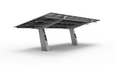 Dossel fotovoltaica com integração de RVE, inversor e proteções na própria estrutura.