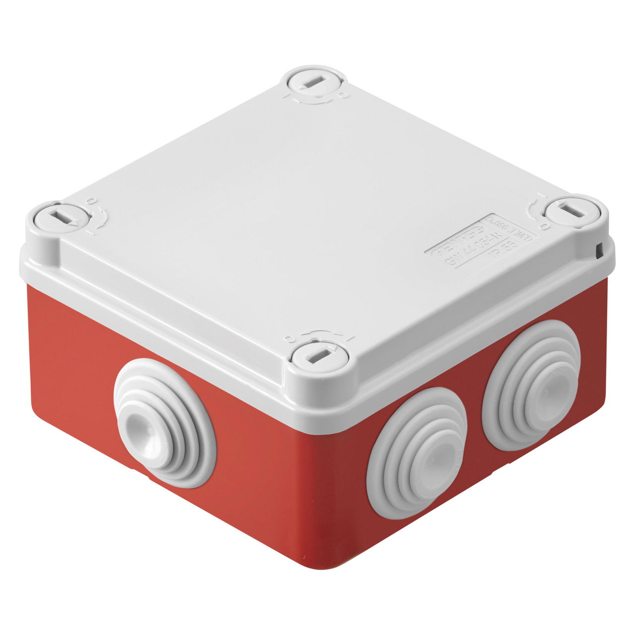 CAJA DE DERIVACIÓN CON TAPA BAJA Y TORNILLOS DE 1/4 GIRO -IP55- DIMENSIONES INTERNAS 100X100X50- PAREDES CON PASACABLES - GWT960ºC - GRIS - FONDO ROJO