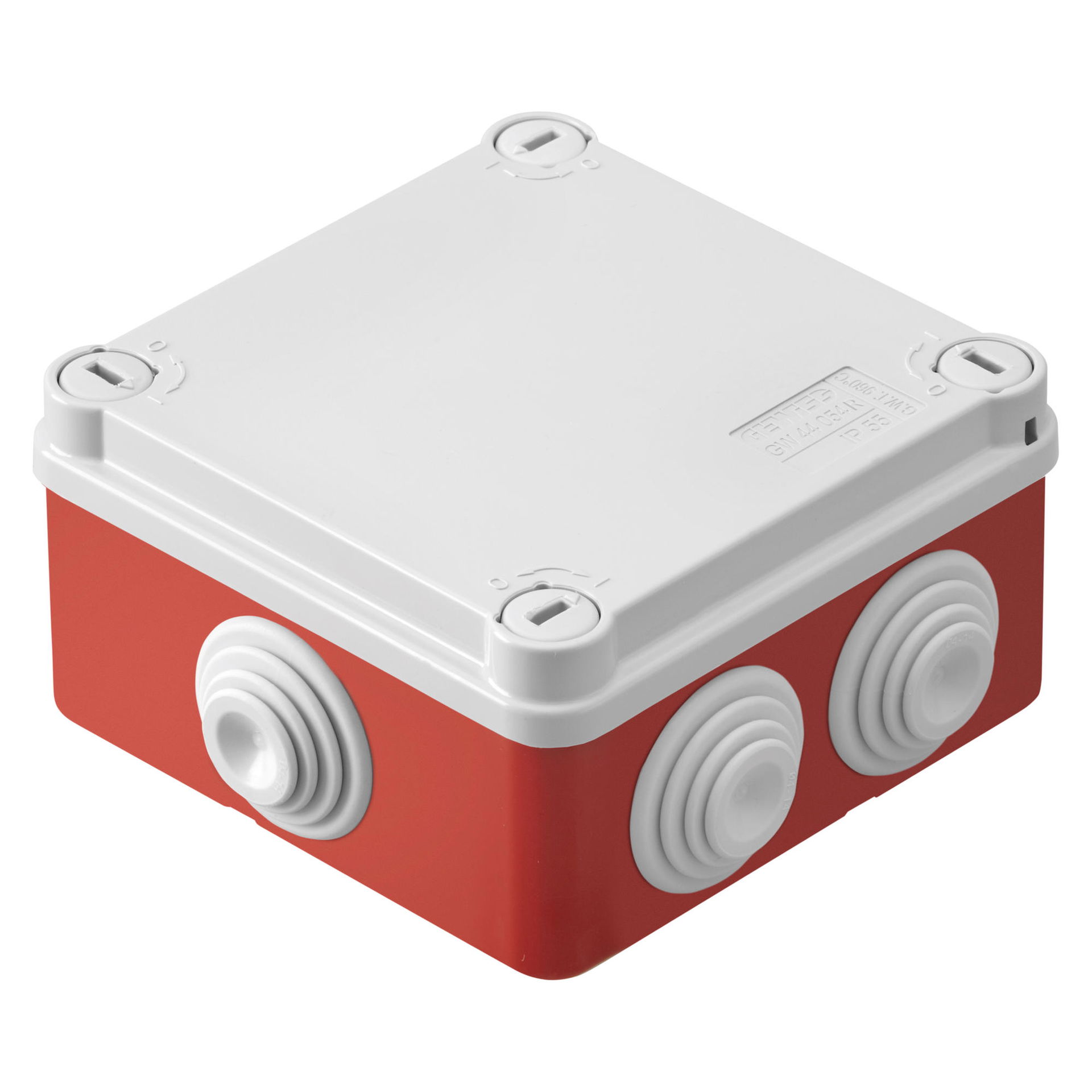 CAJA DE DERIVACIÓN CON TAPA BAJA Y TORNILLOS DE 1/4 GIRO -IP55- DIMENSIONES INTERNAS 100X100X50- PAREDES CON PASACABLES - GWT960ºC - GRIS - FONDO ROJO