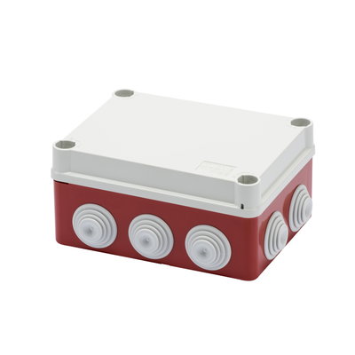 CAJA DE DERIVACIÓN CON TAPA BAJA Y TORNILLOS DE 1/4 GIRO -IP55- DIMENSIONES INTERNAS 150X110X70- PAREDES CON PASACABLES - GWT960ºC - GRIS - FONDO ROJO