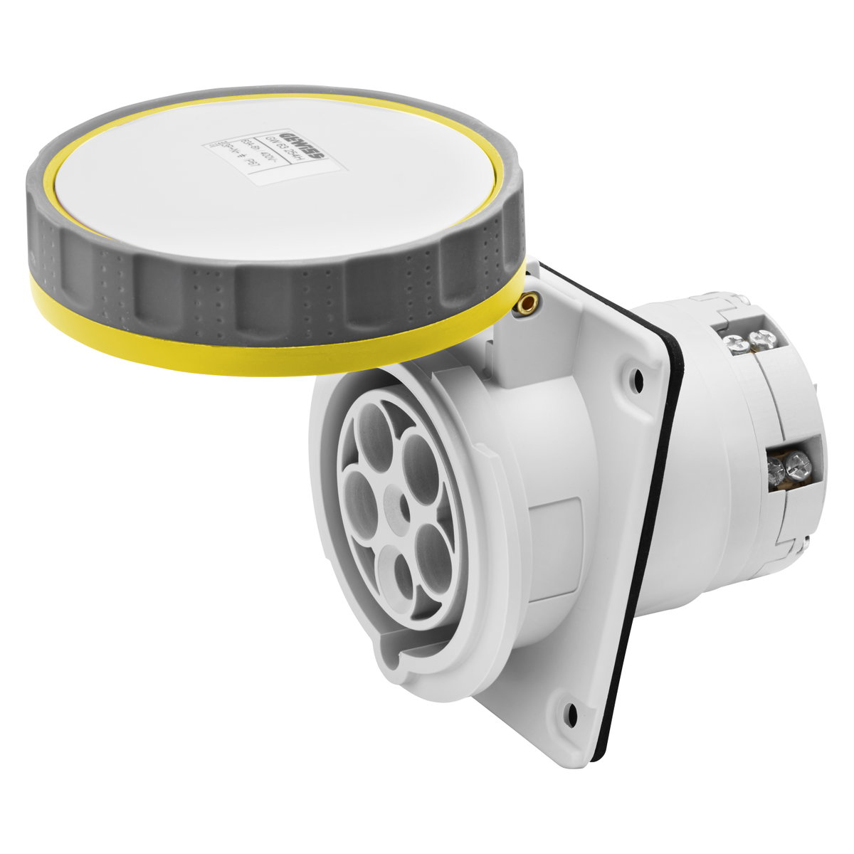 BASE FIJA DE EMPOTRAR A 10° HP - IP66/IP67 - 3P+N+T 125A 100-130V 50/60HZ - AMARILLO - 4H - APRIETE INDIRECTO