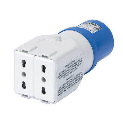 ADAPTADOR INDUSTRIAL/RESIDENCIAL IP44 - CLAVIJA 2P+T 16A 230V ac 50/60HZ - 2 BASES 2P+T 10/16A BIVALENTE (P17/11)