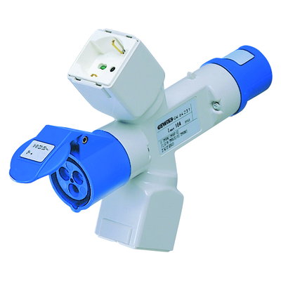 DERIVADOR ADAPTADOR MÓVIL IP44 - 2 SALIDAS DERIVADAS - CABLEADO - CLAVIJA 2P+T 16A 230V ca 50/60HZ - 2 BASES (P17/11) + 1 (P30-P17) + 1 2P+T 16A 230V ca
