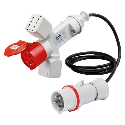 DERIVADOR ADAPTADOR MÓVIL IP44 - 2 SALIDAS DERIVADAS - CON CABLE Y CLAVIJA - CLAVIJA 3P+N+T 16A - 2 BASES (P17/11) + 1 (P30-P17) + 1 3P+N+T 16A 400V ca