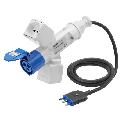 DERIVADOR ADAPTADOR MÓVIL IP44 - 2 SALIDAS DERIVADAS - CON CABLE Y CLAVIJA - CLAVIJA 2P+T 16A S17 - 2 (P17/11) + 1 (P30-P17) + 1 BASE 2P+T 16A 230V ca