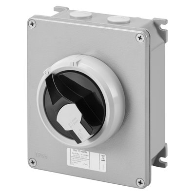 SECCIONADOR ROTATIVO - HP - MONTAJE EN SUPERFICIE - MANDO - CAJA DE METAL - 32A 2P - MANETA NEGRA BLOQUEABLE - IP66