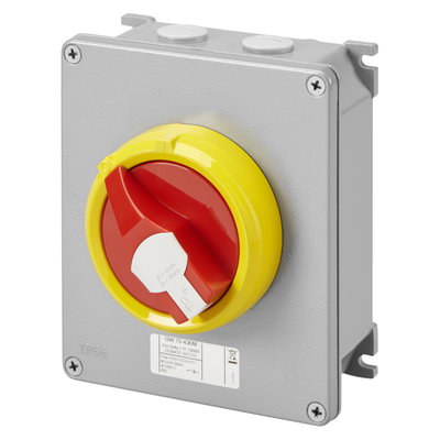 SECCIONADOR ROTATIVO - HP - MONTAJE EN SUPERFICIE - EMERGENCIA - CAJA DE METAL - 16A 3P - MANETA ROJA BLOQUEABLE - IP66