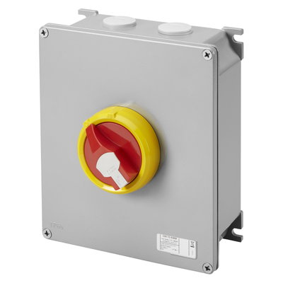 SECCIONADOR ROTATIVO - HP - MONTAJE EN SUPERFICIE - EMERGENCIA - CAJA DE METAL - 63A 3P - MANETA ROJA BLOQUEABLE - IP66