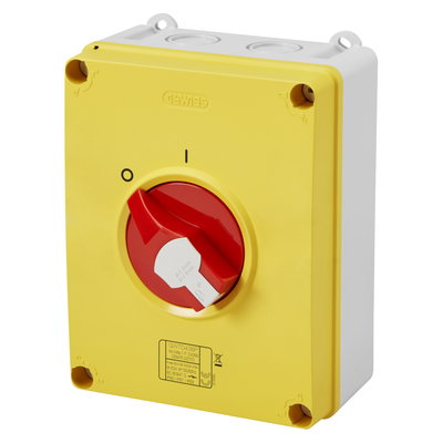 INTERRUPTOR ROTATIVO - HP - EMERGENCIA - CAJA DE MATERIAL AISLANTE - 63A 3P+N - MANETA ROJA - IP66/67/69