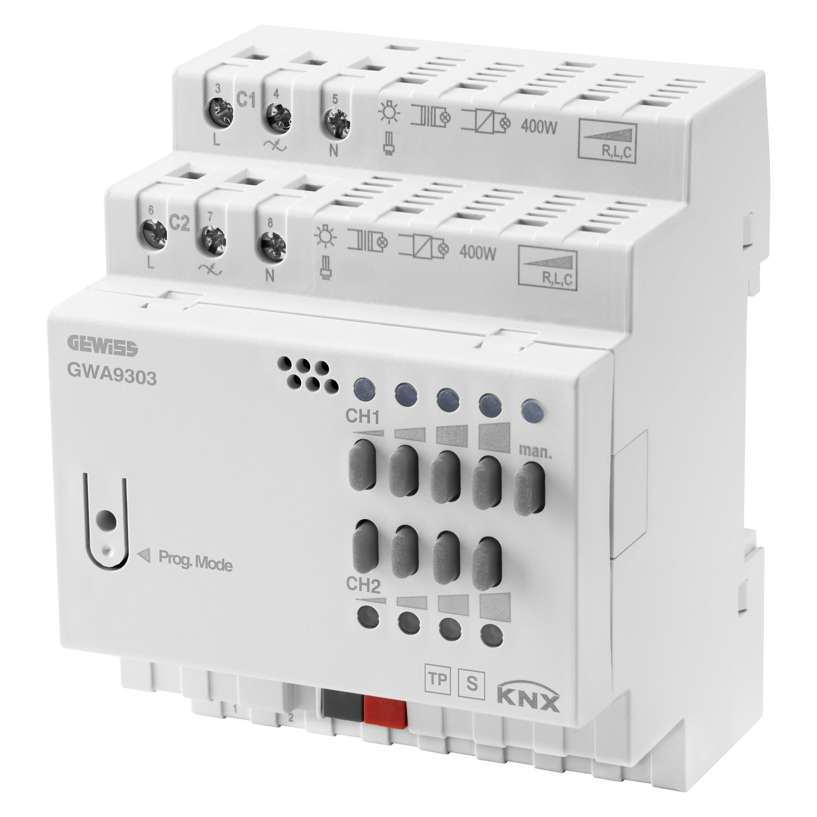 ACTUADOR DIMMER UNIVERSAL - 2 CANALES - 400W POR CANAL - CONTROL MANUAL - KNX - IP20 - 4 MÓDULOS DIN