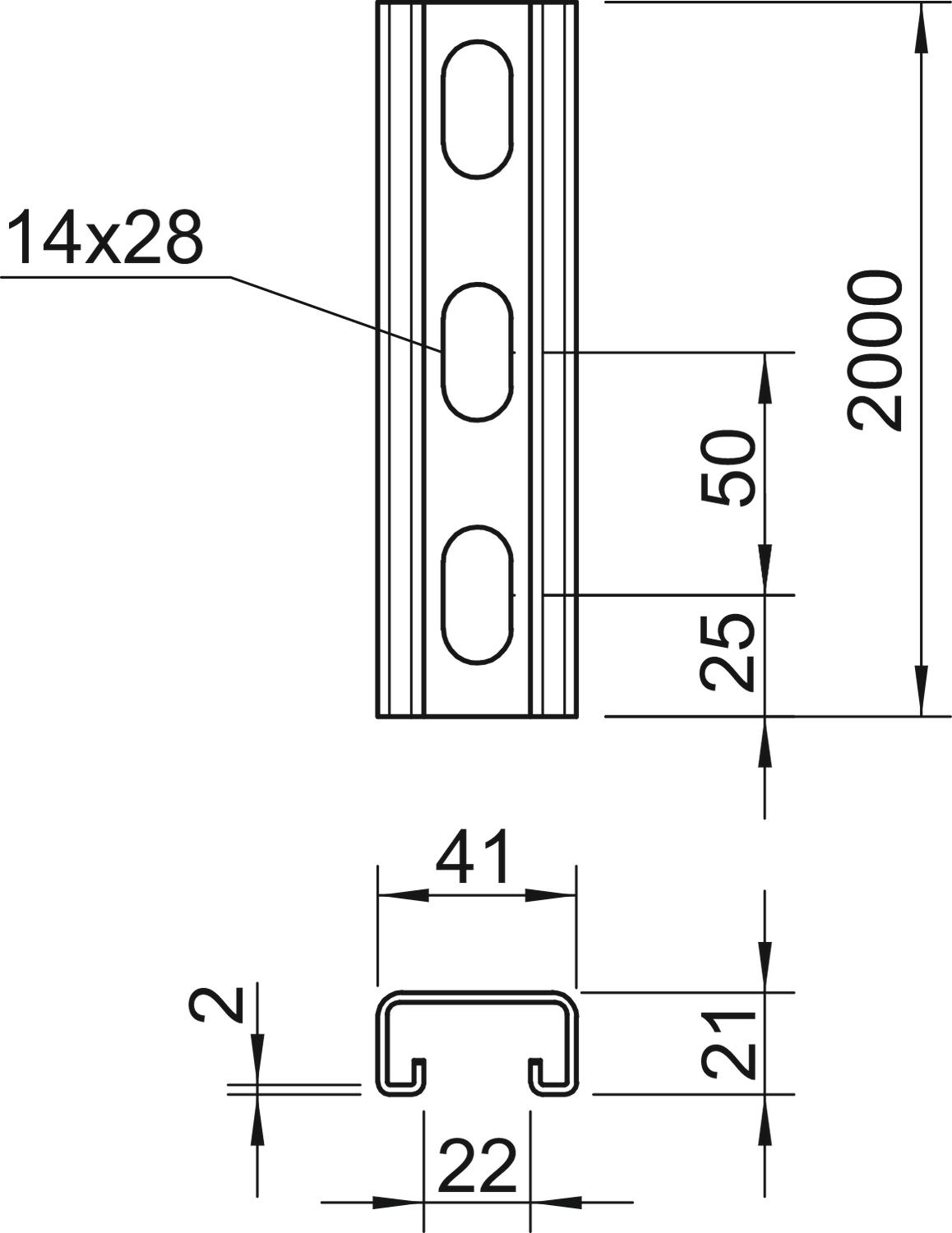 Perfil perfurado, rasgo 22mm 2000x41x21 Aço inoxidável, livre de ferrugem A2 1.4301 brilhante, pós-tratamento – Imagem 2 de 3
