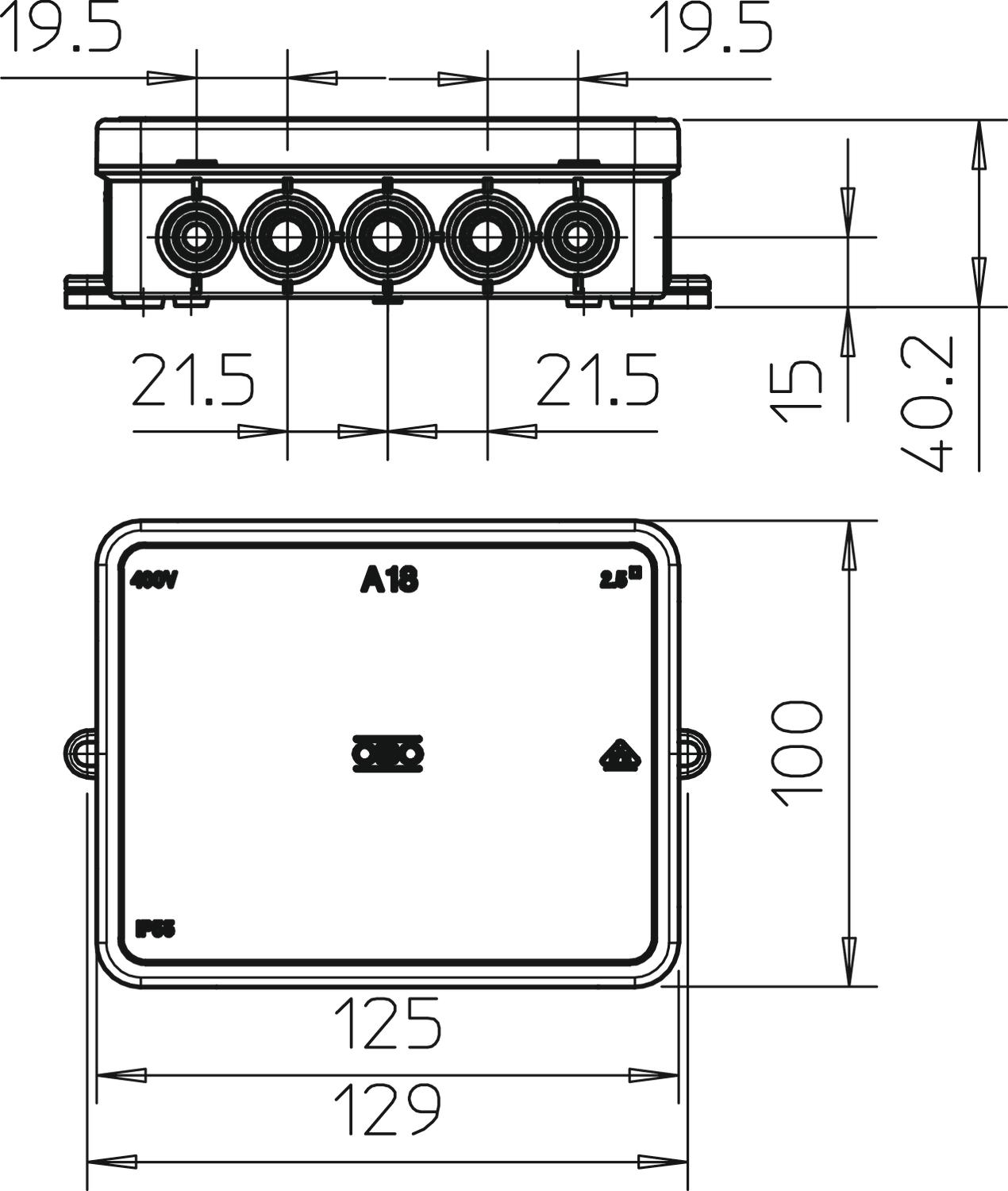 Caixa de derivação 125x100x38 Polietileno cinzento claro RAL 7035 – Imagem 2 de 3