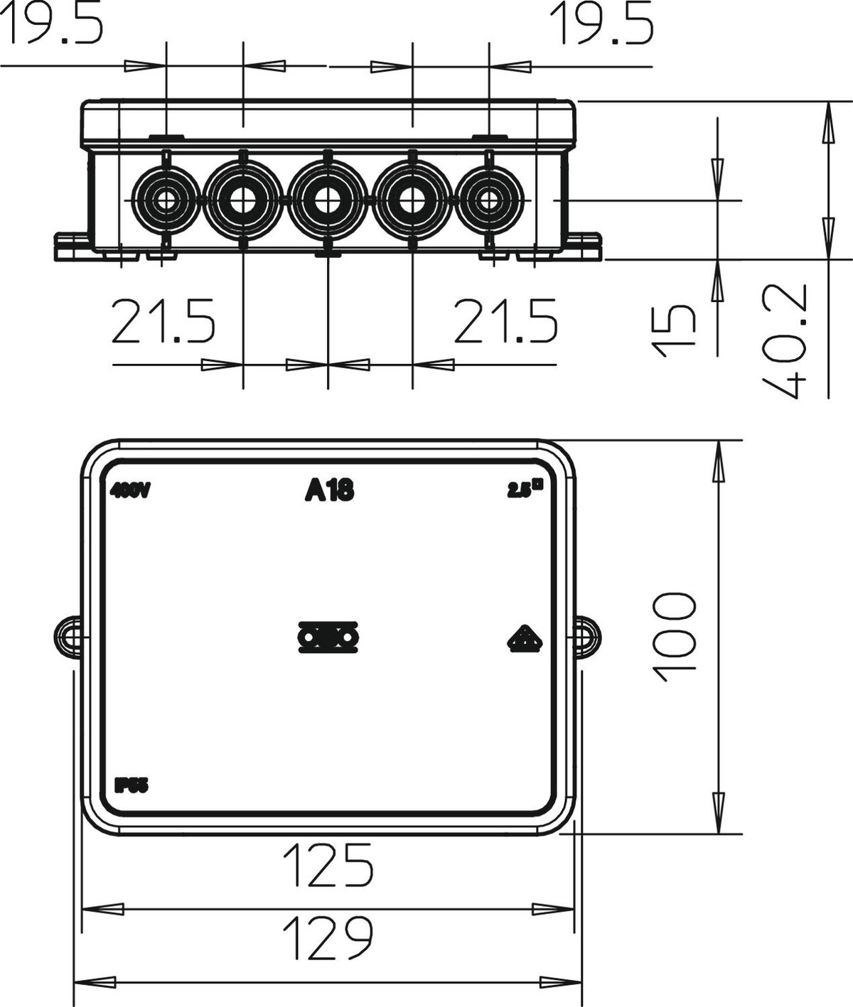 Caixa de derivação 125x100x38 Polietileno branco puro RAL 9010 – Imagem 2 de 3