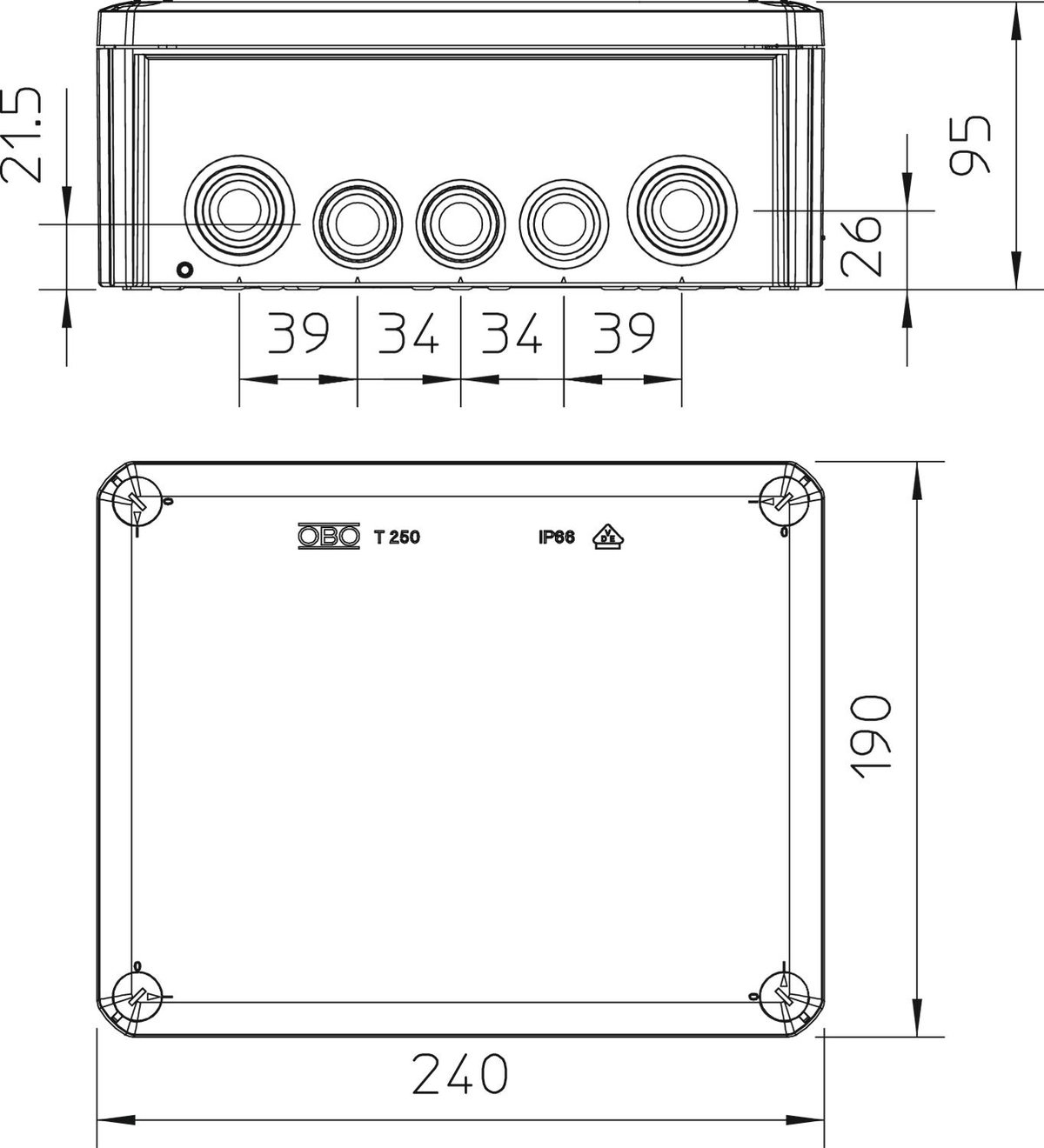 Caixa de derivação com entradas, tampa vermelha 240x190x95 Polipropileno, reforçado a fibra de vidro cinzento / vermelho – Imagem 2 de 3