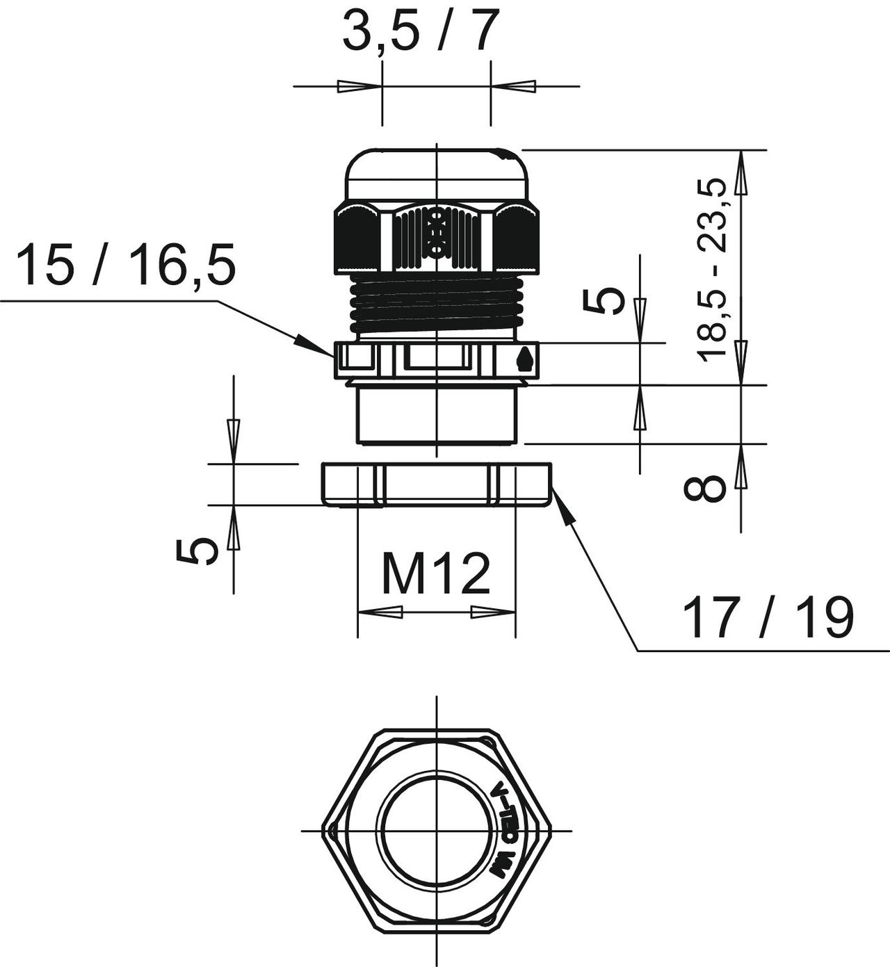 Bucim com porca M12 Poliamida cinzento claro RAL 7035 – Imagem 2 de 2