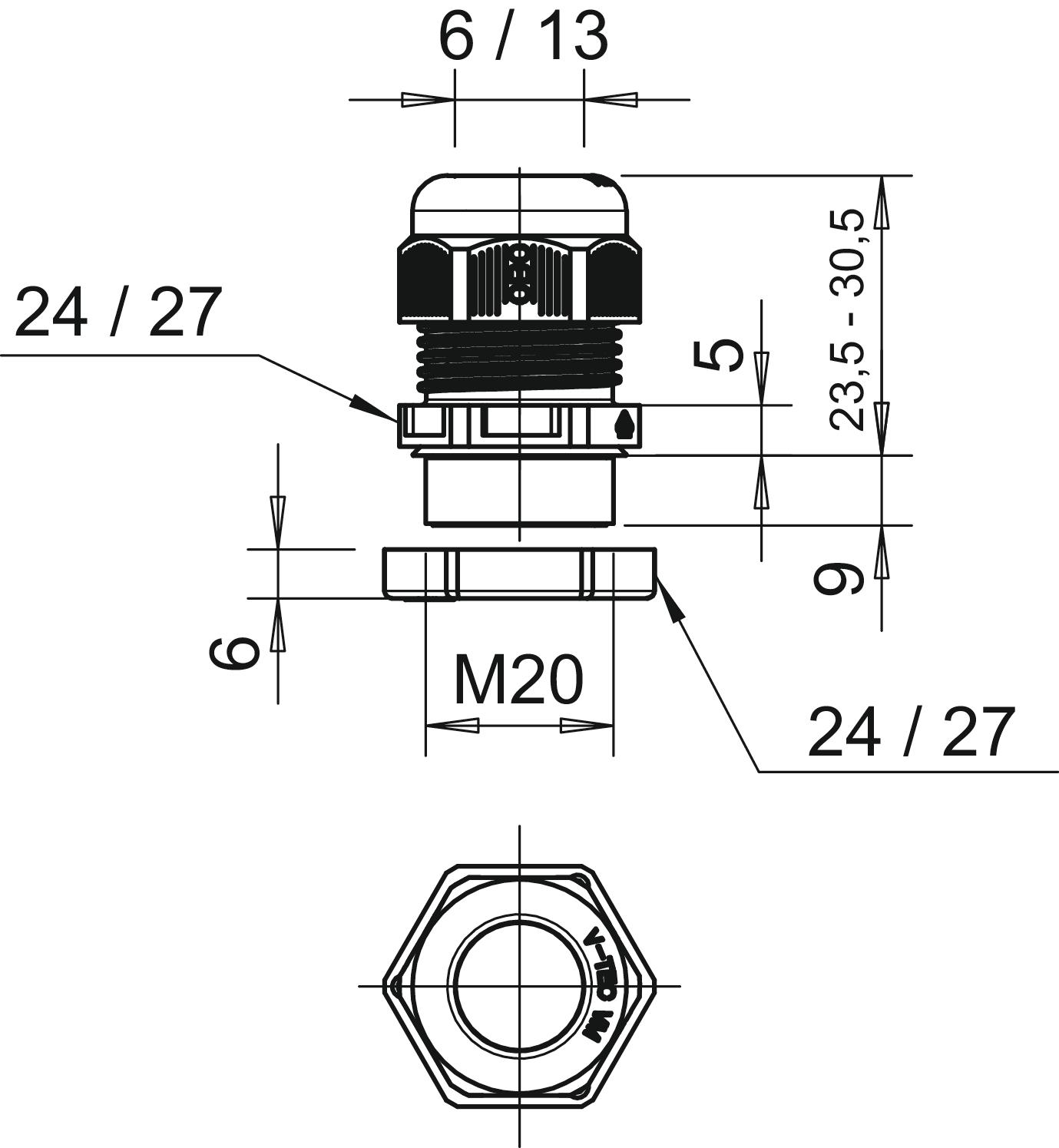 Bucim com porca M20 Poliamida cinzento claro RAL 7035 – Imagem 2 de 2
