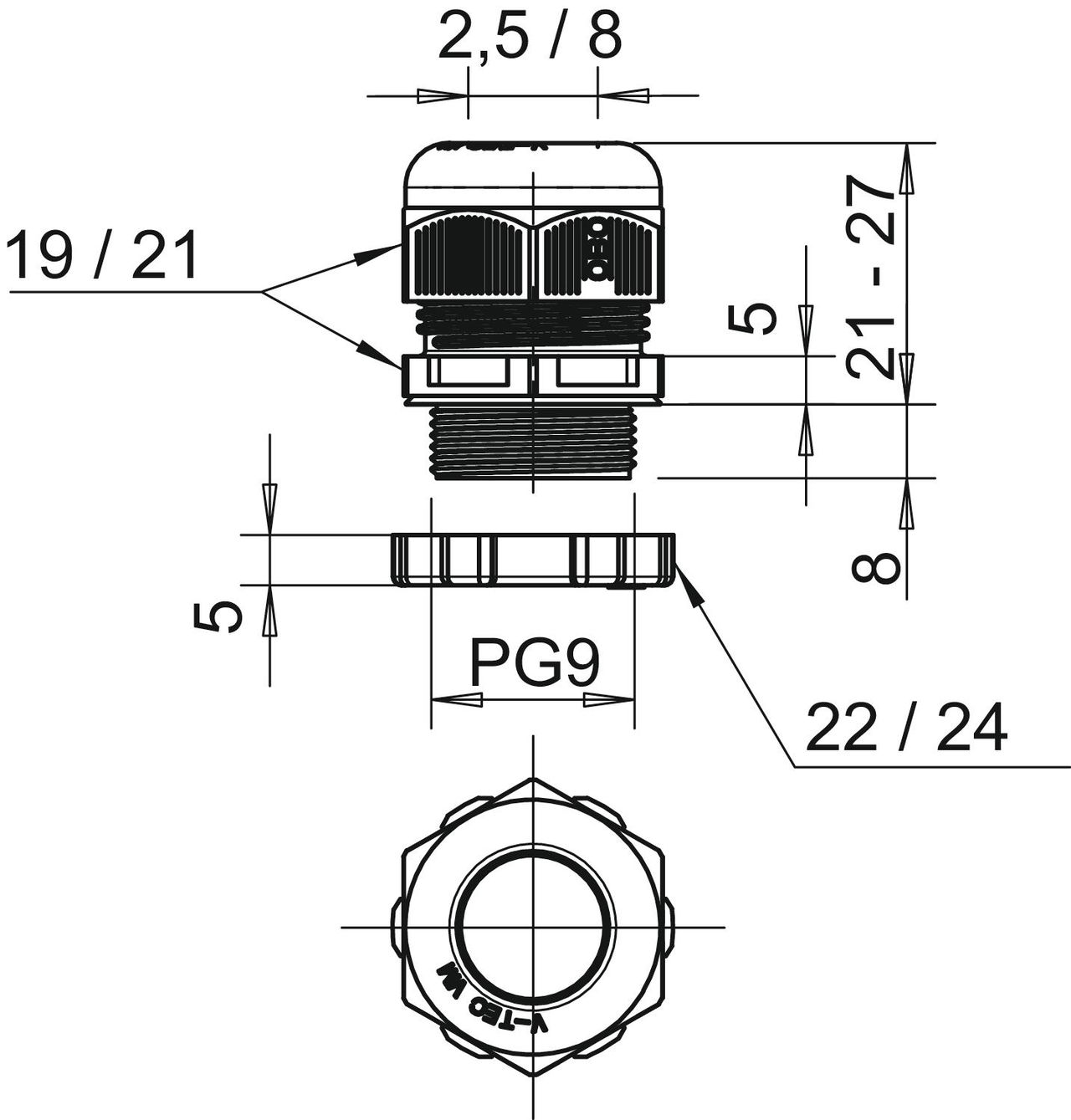 Bucim com porca PG9 Poliamida cinzento claro RAL 7035 – Imagem 2 de 2