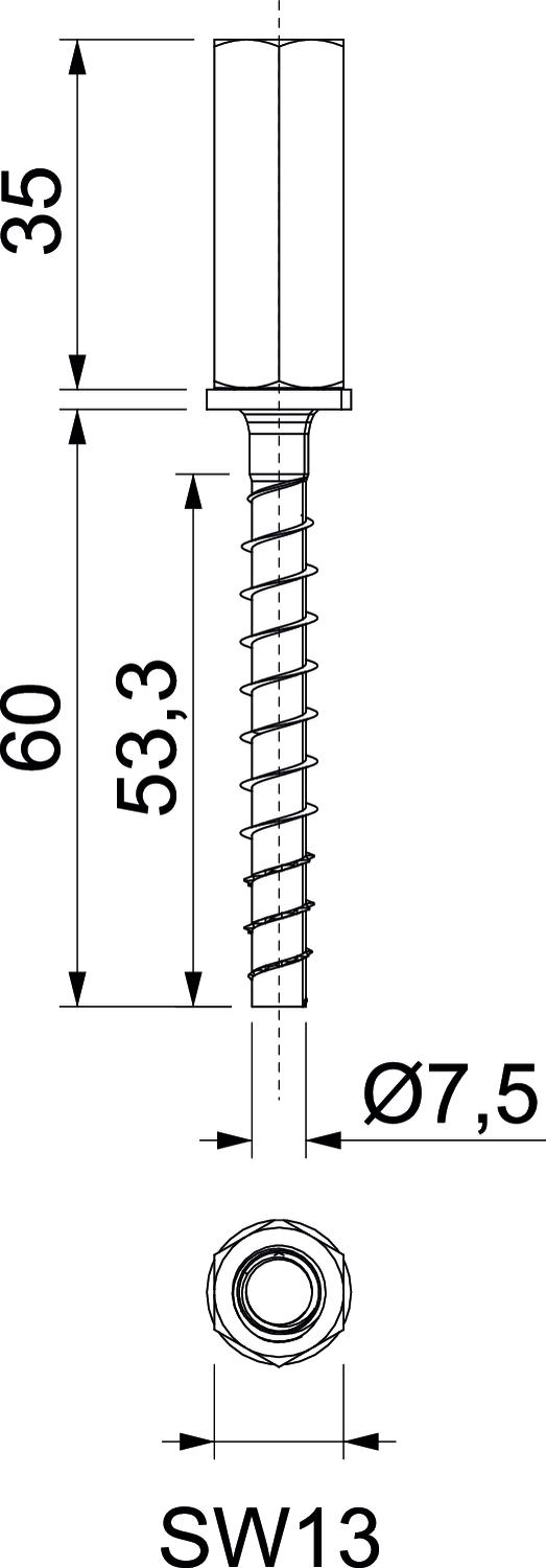 Perno com rosca interna com união com rosca combinada 7,5x60 Aço eletrogalvanizado zinco – Imagem 2 de 3
