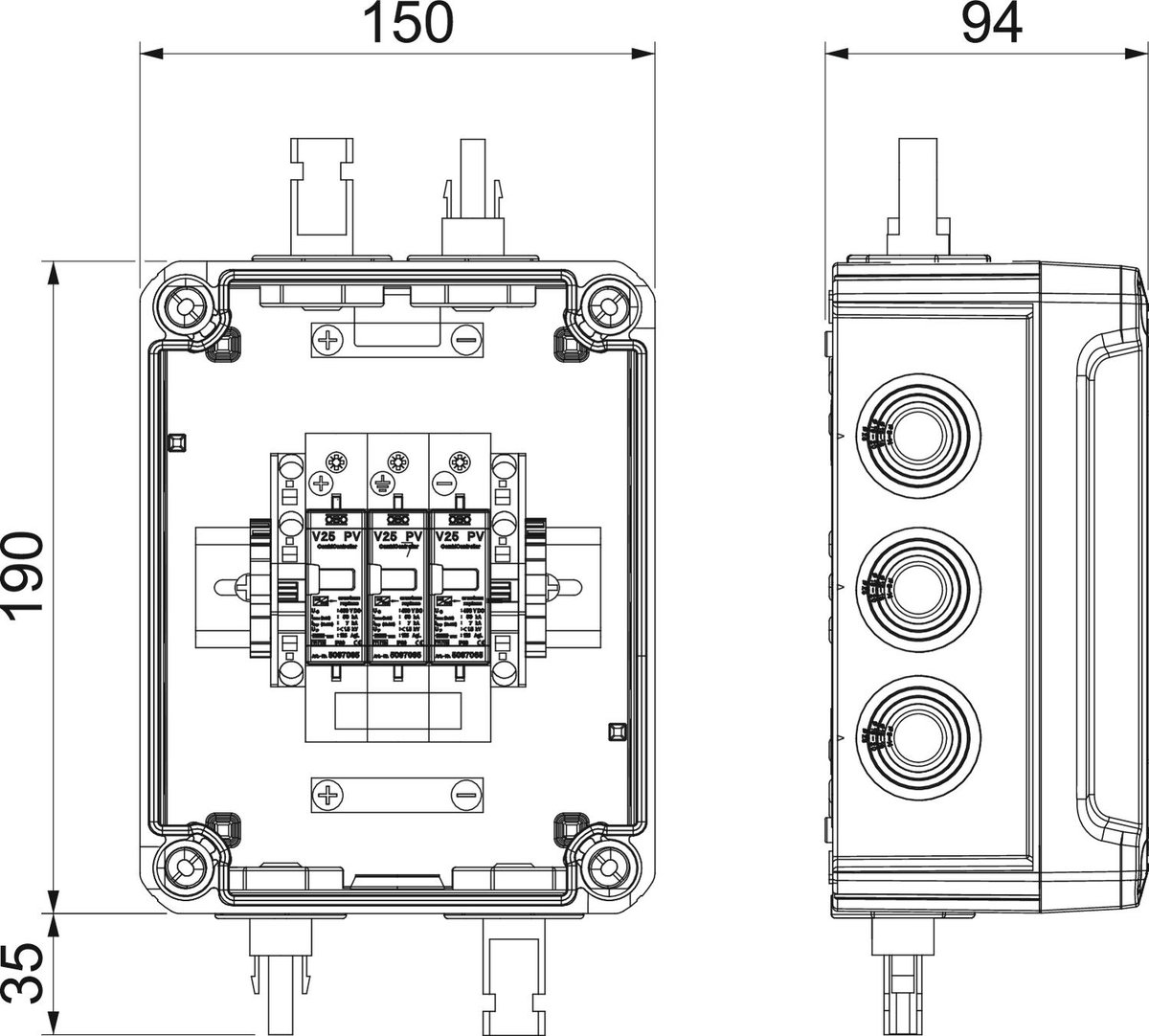 Caixa completa 1x1 FV-String em 1 WR-MPP+MC4 1000V DC cinzento claro RAL 7035 – Imagem 2 de 3