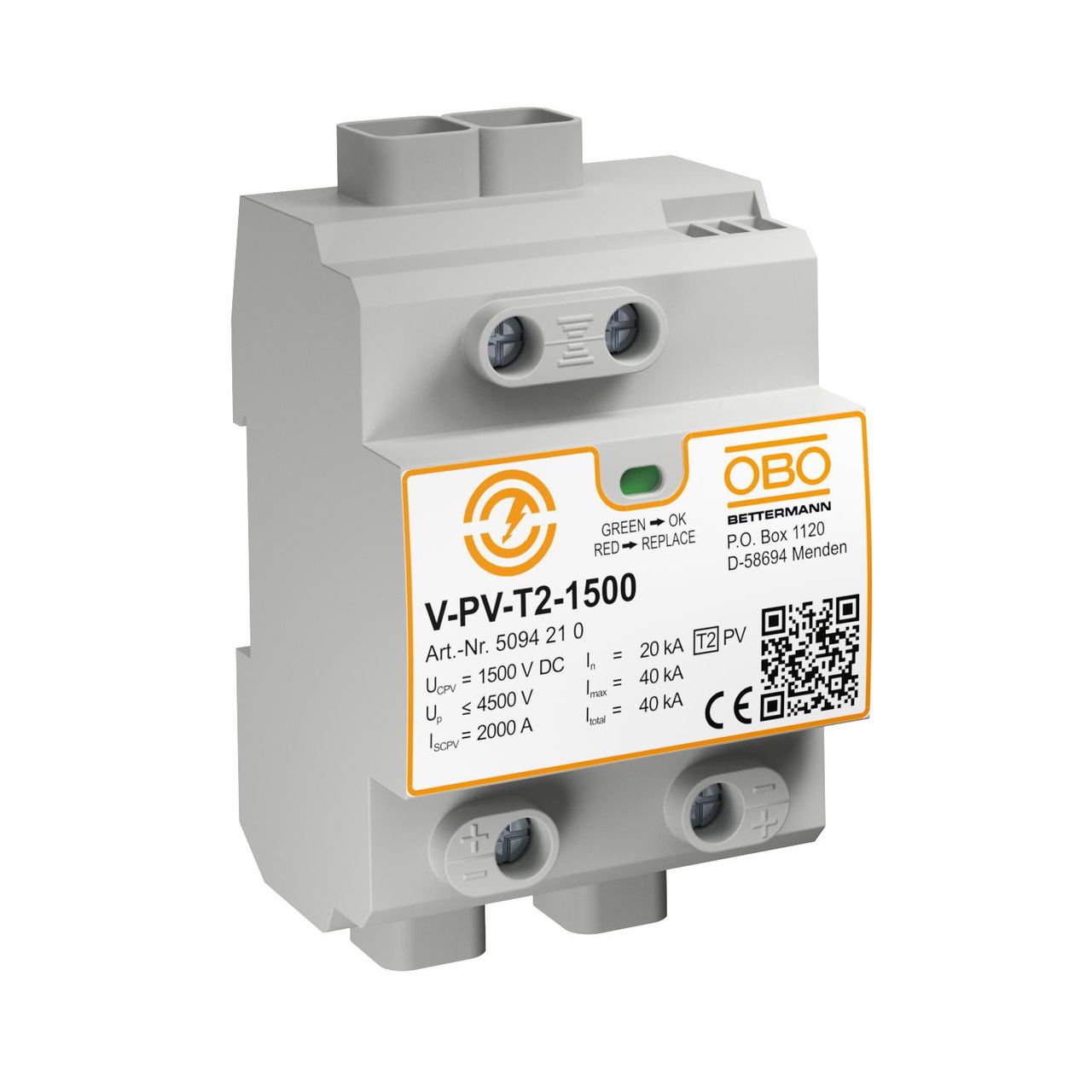 Descarregador sobretensão V-PV Circuito Y para fotovoltaico 1500V DC cinzento