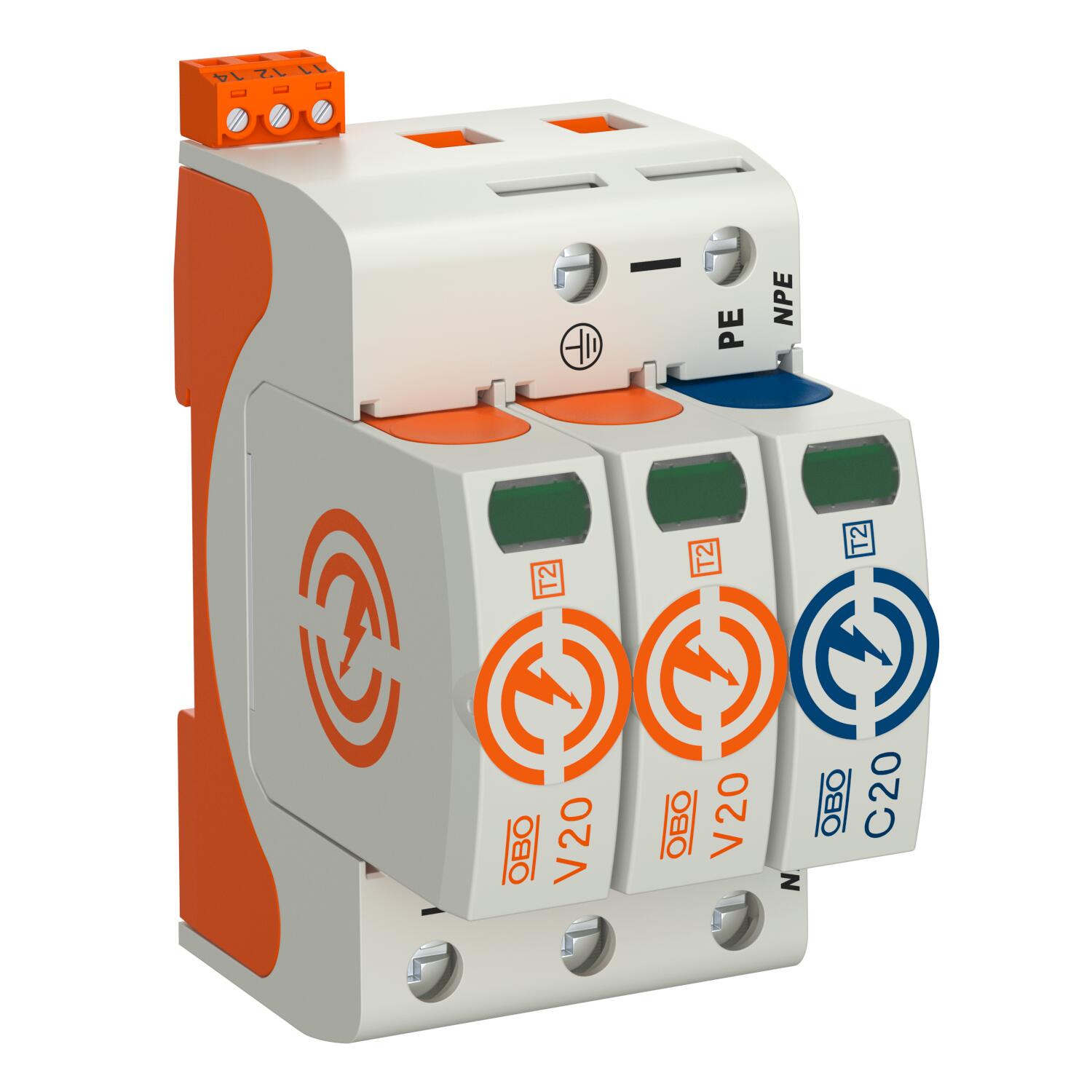 Descarregador sobretensões V20 2 polos com NPE + sinal remoto 150V