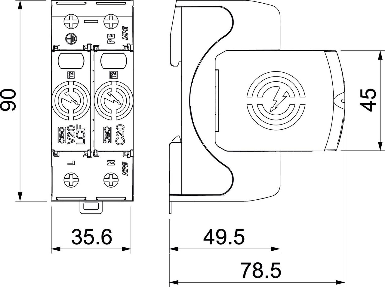 Descarregador sobretensões V20 1 polo sem corrente fuga + NPE 280V – Imagem 2 de 2
