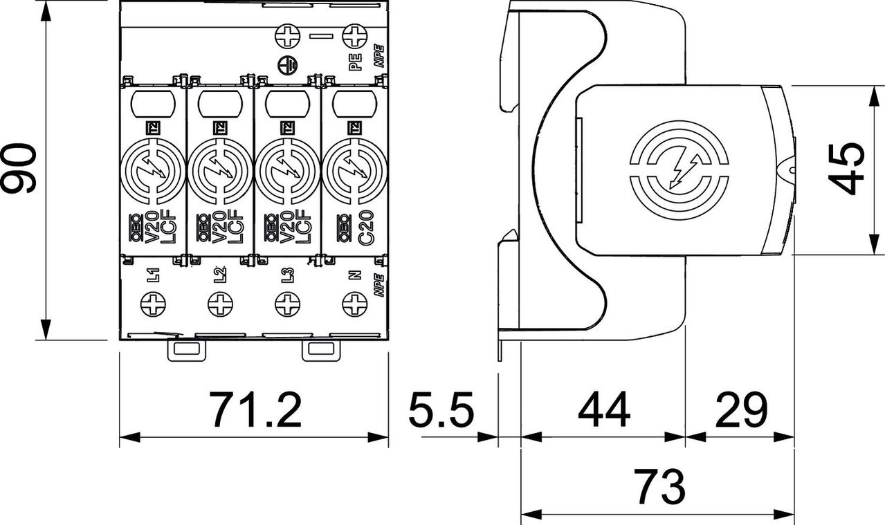 Descarregador sobretensões V20 4 polos sem corrente fuga +NPE 280V – Imagem 2 de 2