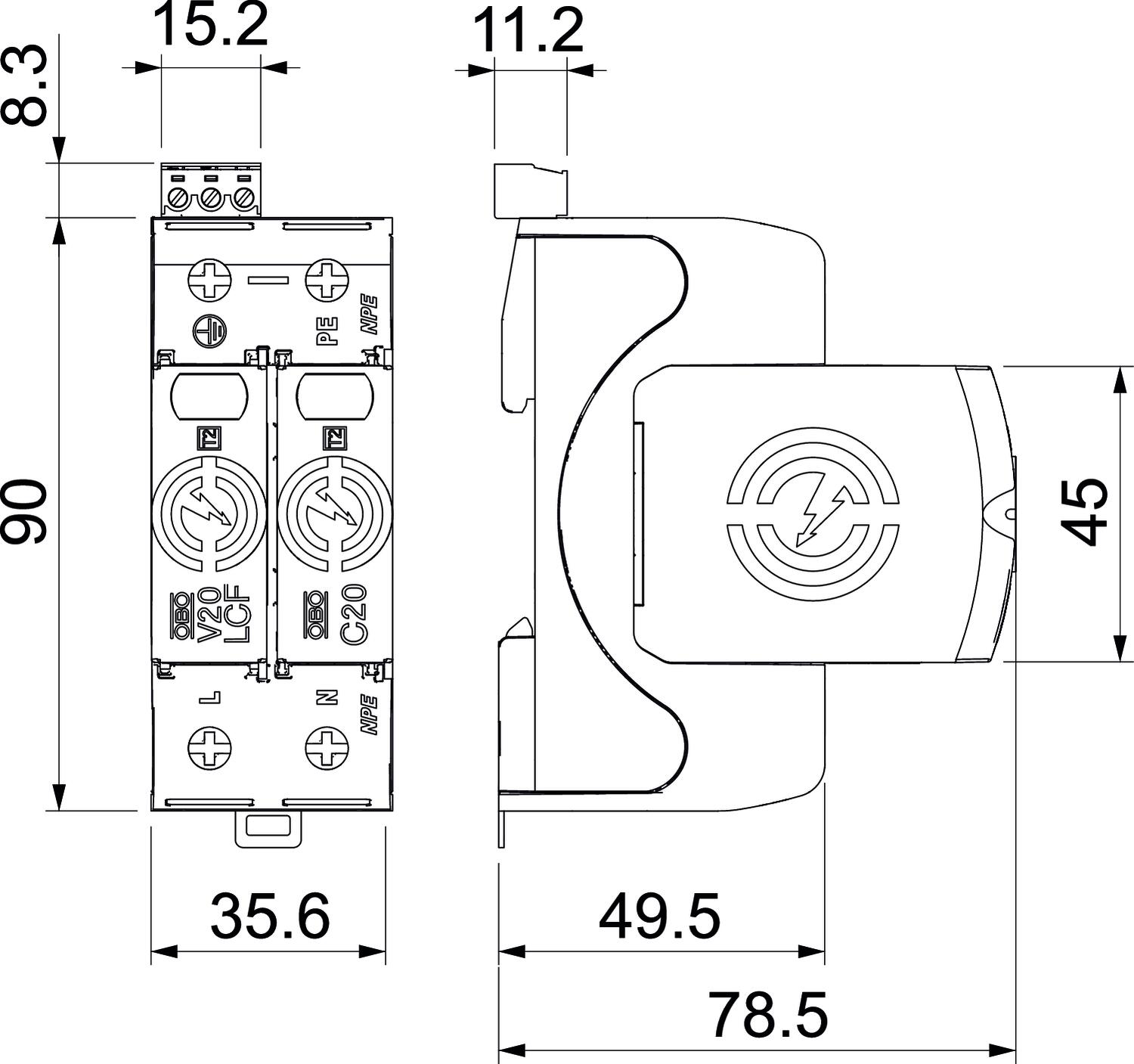 Descarregador sobretensões V20 1 polo s/ corrente fuga+NPE+FS 280V – Imagem 2 de 2