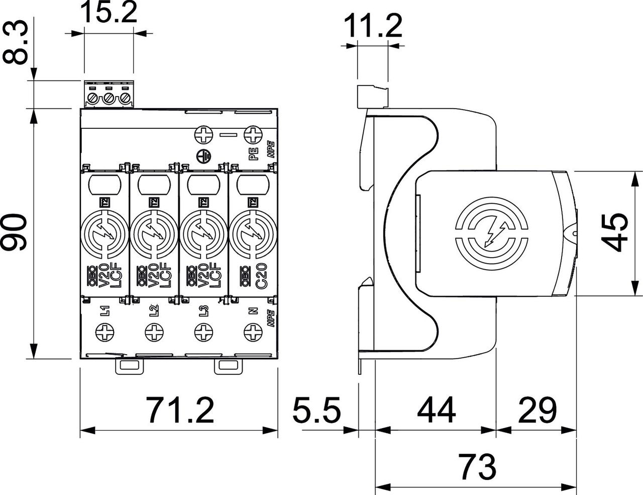 Descarregador sobretensões V20 4 polos s/corrente fuga+NPE+FS 280V – Imagem 2 de 2