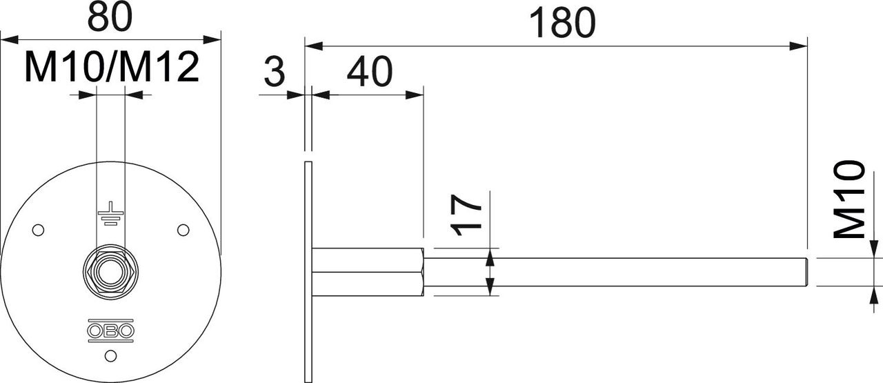 Ponto fixo de terra com haste e rosca dupla M10/M12 Aço inoxidável A4 1.4404 – Imagem 2 de 3