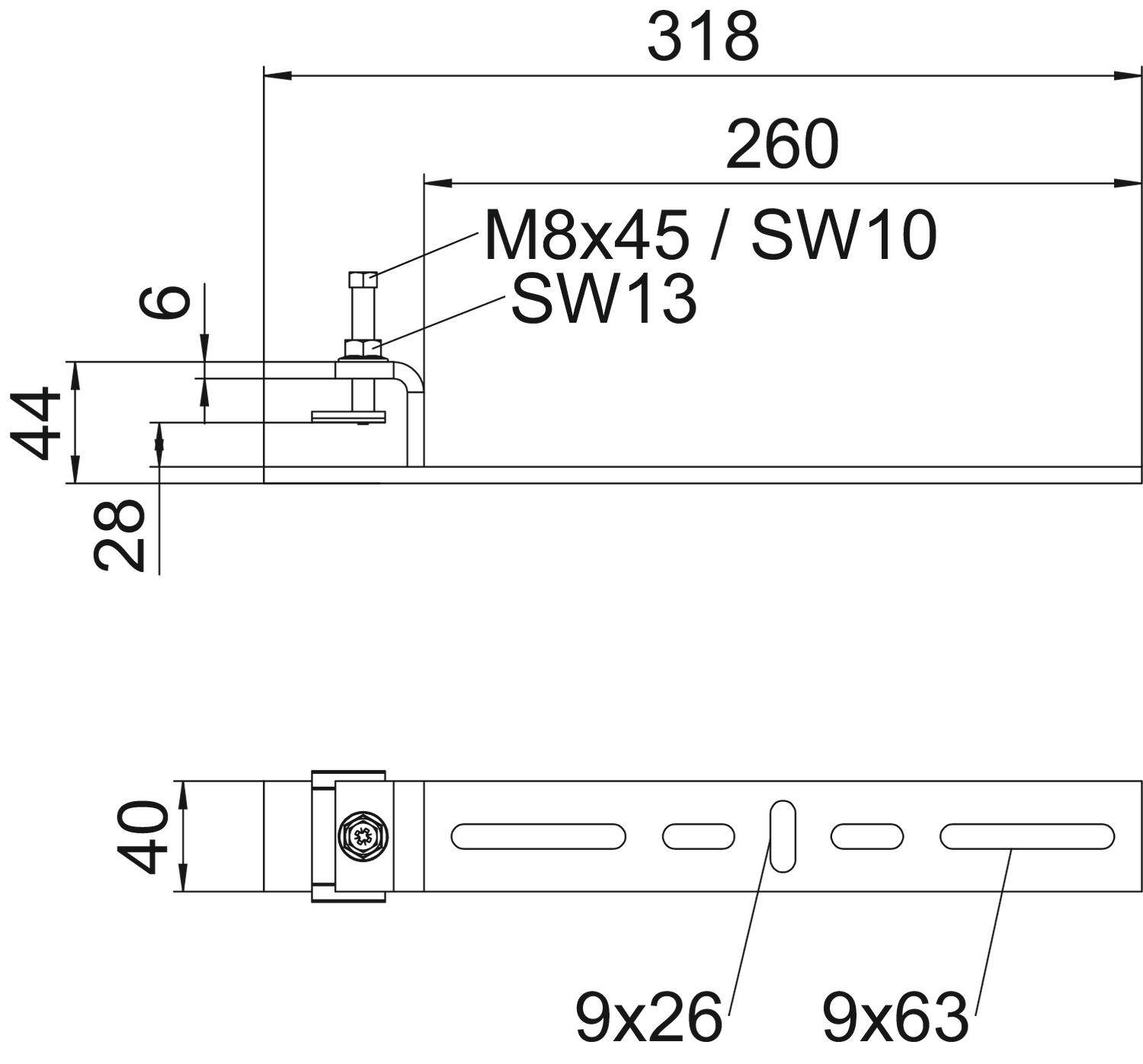 Clamping piece for horizontal application 318x44x40 Aço Galvanizado por imersão a quente após maquinação zinco – Imagem 2 de 2