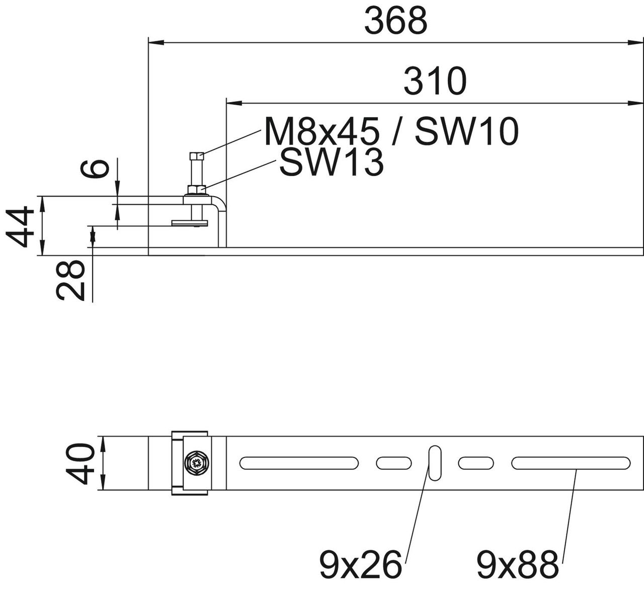 Clamping piece for horizontal application 368x44x40 Aço Galvanizado por imersão a quente após maquinação zinco – Imagem 2 de 2