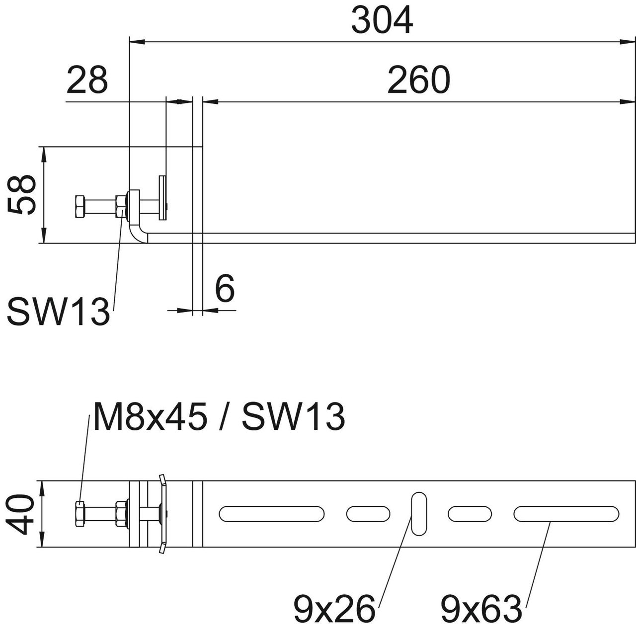 Clamping piece for vertical application 304x58x40 Aço inoxidável, livre de ferrugem A2 1.4301 brilhante, pós-tratamento aço inoxidável – Imagem 2 de 2